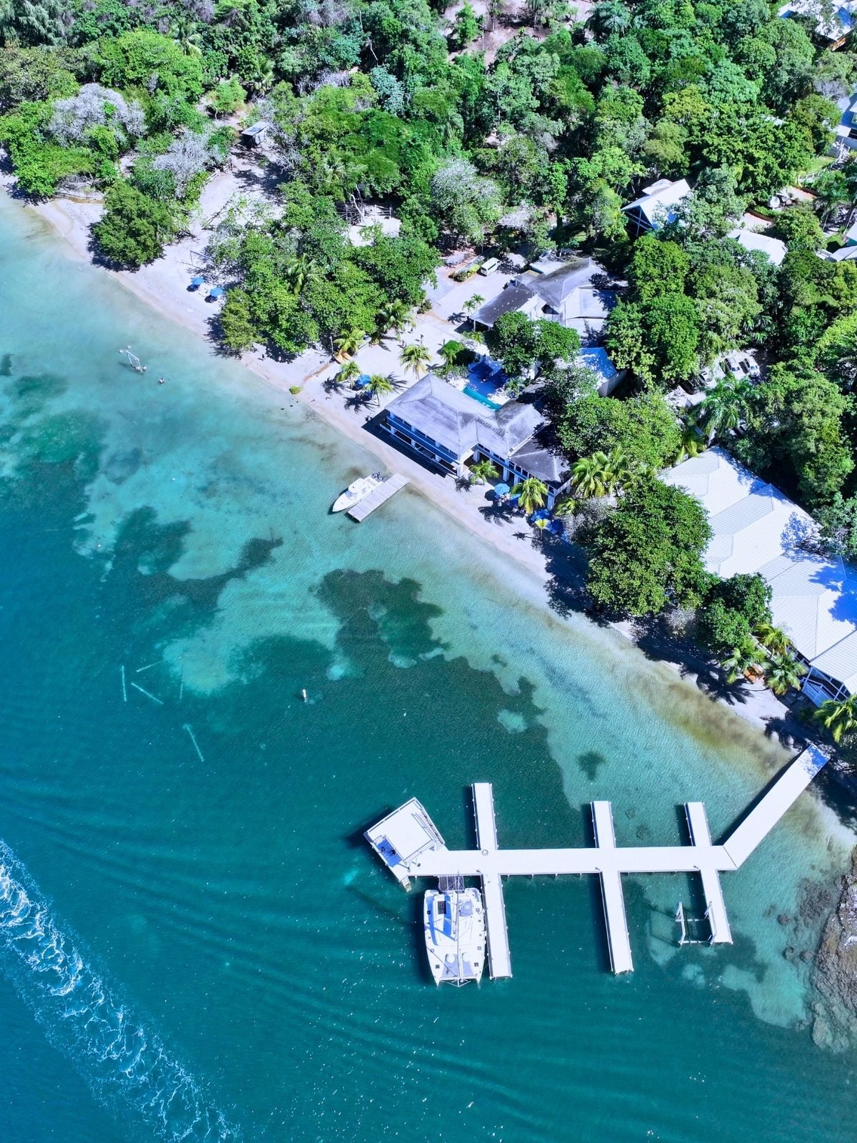 drone shot of Luna Beach luxury boutique resort in Roatan, Honduras